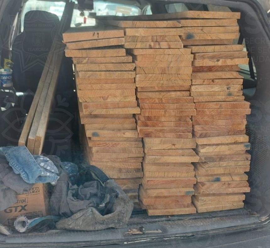 Policía Estatal asegura camioneta con exceso de material maderable